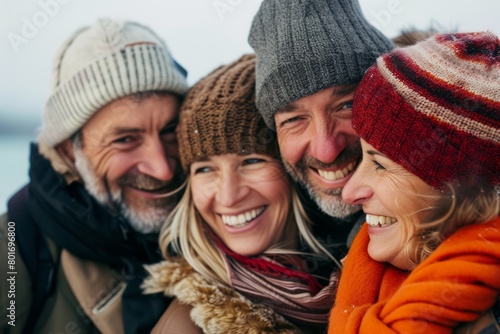 Portrait of a happy senior couple with their family in winter clothes