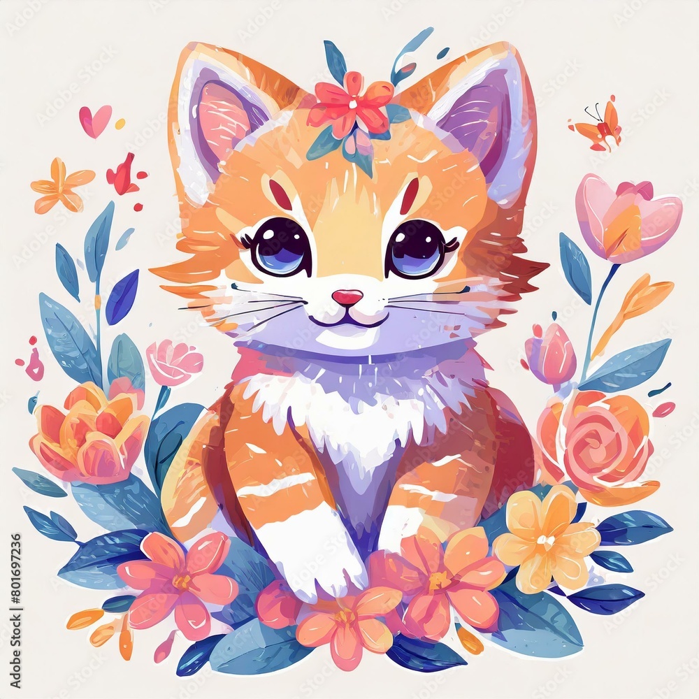 Cute cat and colorful flowers