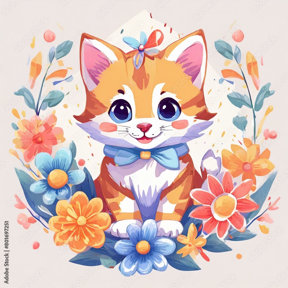 Cute cat and colorful flowers Cute cat and colorful flowers