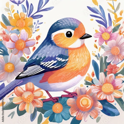 Cute bird and colorful flowers