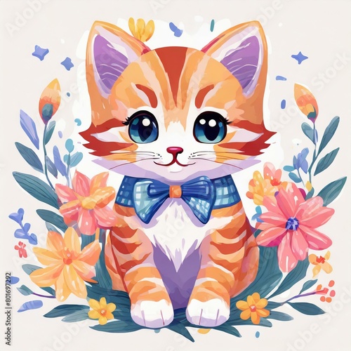 Cute cat and colorful flowers
