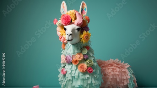 A charmingly updated llama pinata embellished with floral motifs and soft pastel hues set against a solid green background ideal for garden parties or spring events photo