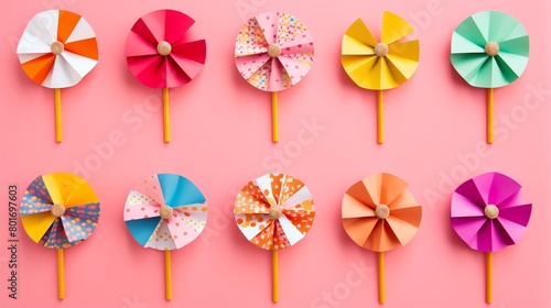 A collection of bright DIY pinwheel party favors each featuring bold colors showcased on a solid pink background to create a festive party atmosphere