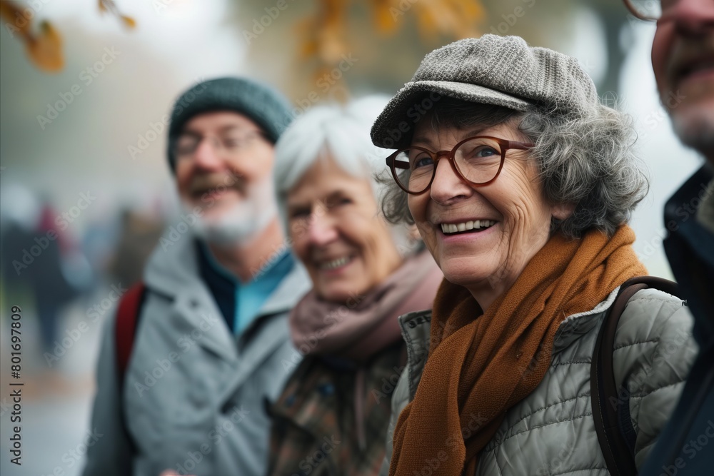 Portrait of a happy senior couple walking in autumn park with friends