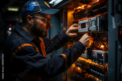 Skilled professional electrician repairing electrical box photo