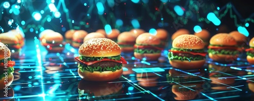 A stock market trading floor where traders are frantically selling shares, depicted as hamburgers shrinking in size photo