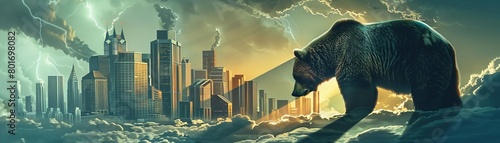 A digital painting of a bear casting a long shadow over a cityscape made of financial buildings, all under a stormy sky photo