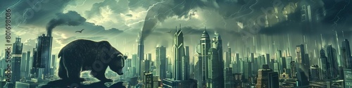 A digital painting of a bear casting a long shadow over a cityscape made of financial buildings, all under a stormy sky photo