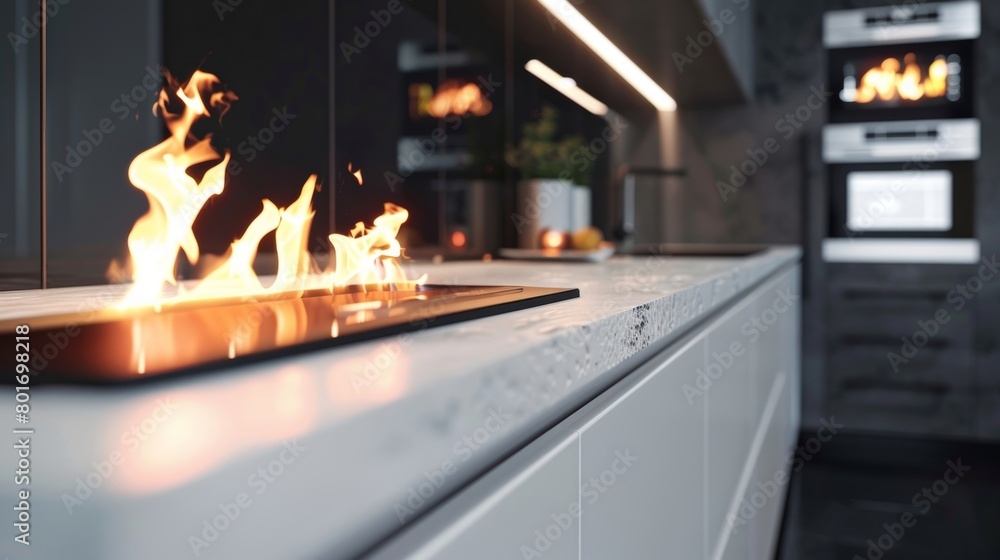 Naklejka premium A sleek and stylish kitchen with a linear fireplace built into the sleek white cabinets. The flickering flames add a touch of coziness to the minimalist design. 2d flat cartoon.