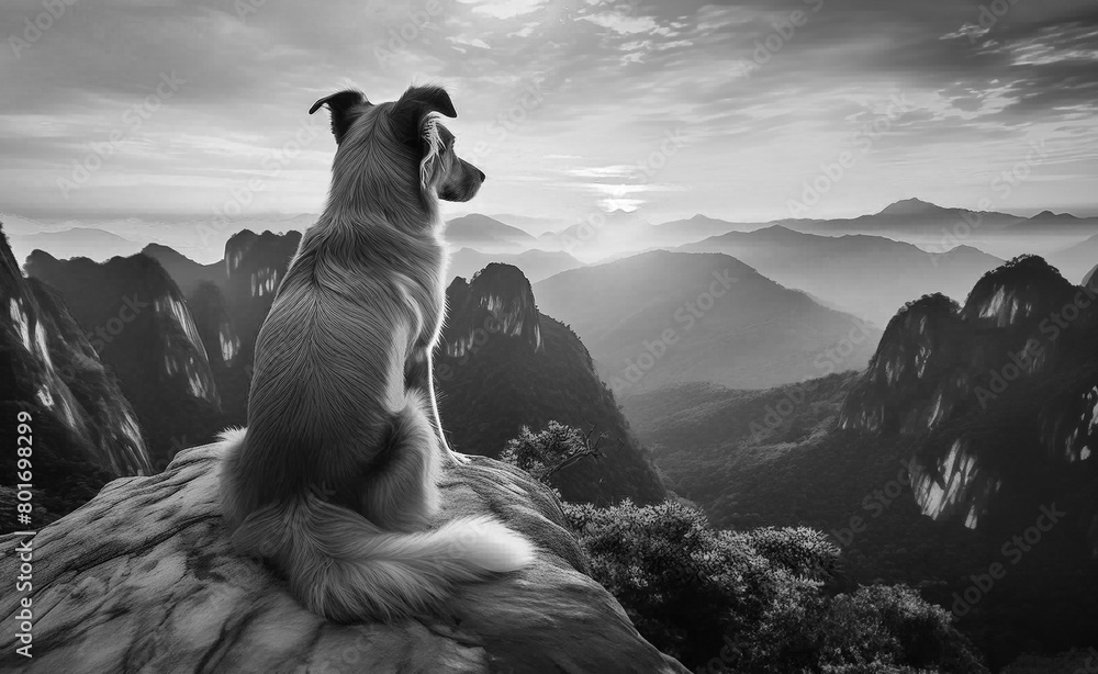 Obraz premium A dog sits on the cliff and watches sunset in the evening, AI generated