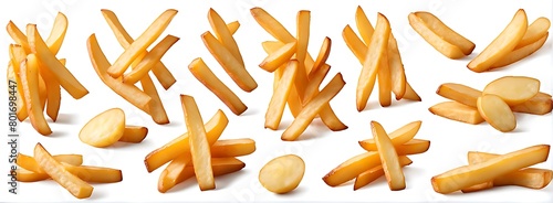  Set of flying delicious potato fries, isolated on white background, cut out 