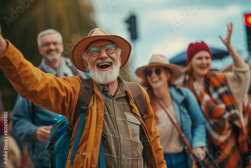 Senior tourist man with group of friends walking together in the city.