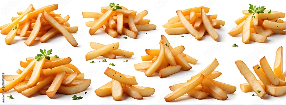 Set of flying delicious potato fries, isolated on white background, cut out Set of flying delicious potato fries, isolated on white background, cut out