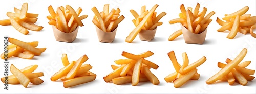  Set of flying delicious potato fries  isolated on white background  cut out   