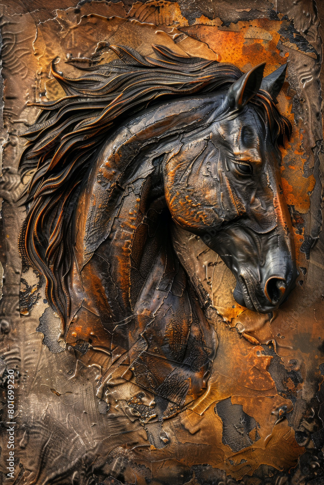 Horse in the style of relief sculpture, textured background with rusty metal and gold leaf accents, realistic, detailed