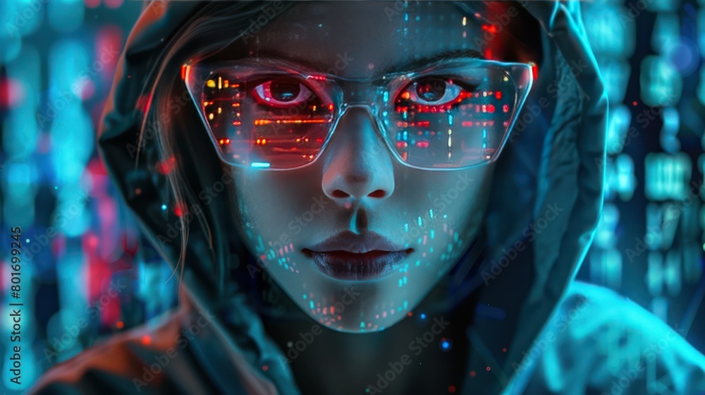 Girl as a modern hacker, surrounded by digital code and effects Girl as a modern hacker, surrounded by digital code and effects