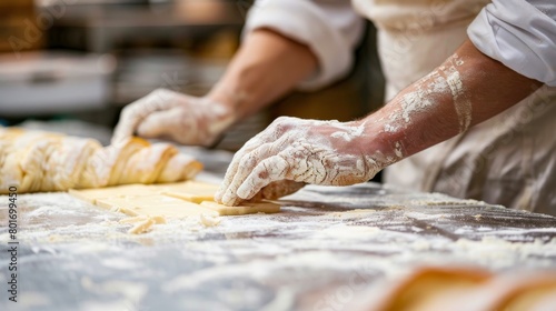 Baker at work early morning, rolling croissant dough with precision, layering butter for perfect flakiness photo
