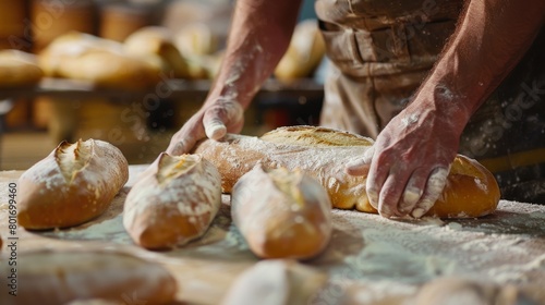 Baker preparing dough for traditional baguettes, shaping each by hand on a floured work surface in a rustic bakery