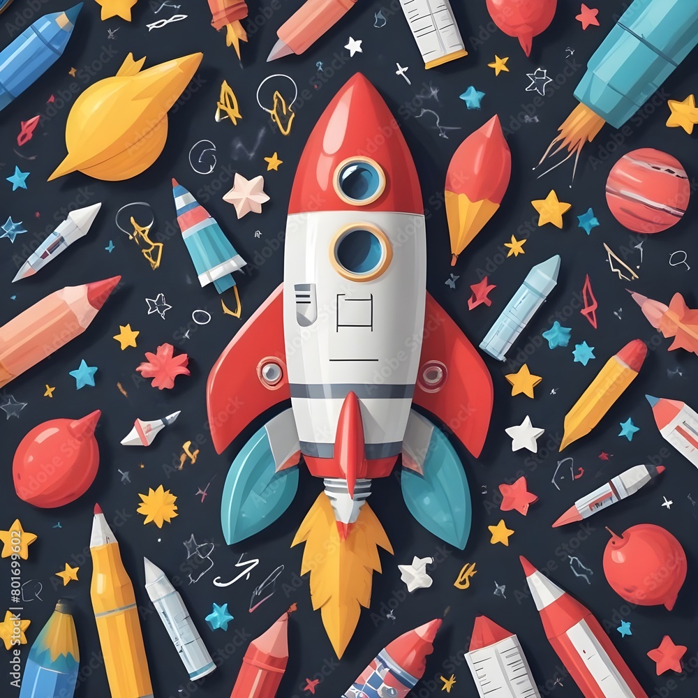 Launch of a red rocket on colorful wooden background, made of wood, held by children's hands. Successful start concept.