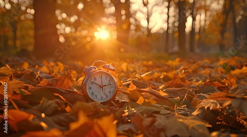 Autumn time change concept alarm clock on the ground. Generate AI image photo