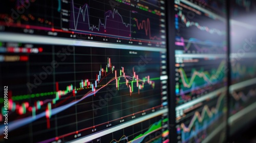 Computer screen filled with advanced financial models and simulations, charts showing market predictions and risk assessments