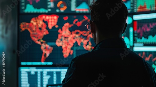 Economist reviewing global economic indicators on a computer screen, with interactive maps and recession predictors photo