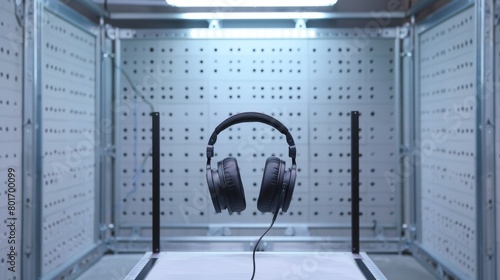 Electronics firm launches a new line of noisecanceling headphones, featuring a soundproof booth for testing at the trade show photo