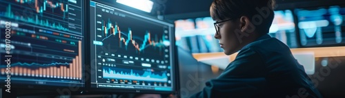 Financial analyst reviewing detailed stock market charts on a computer, highlighting trends and forecasting future movements