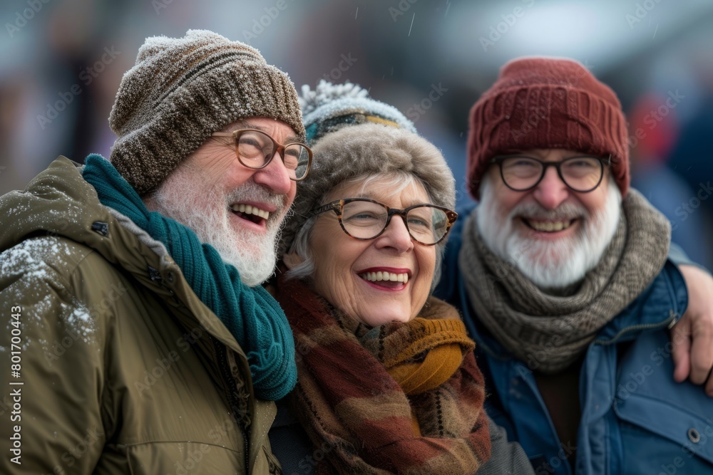 Portrait of happy senior couple in winter clothes having fun outdoors.