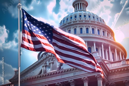 The United States of America flag waving in front of Capitol building. Generate AI image