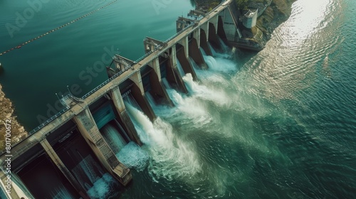 Hydroelectric dam in operation, with water powering turbines to produce electricity without pollution photo
