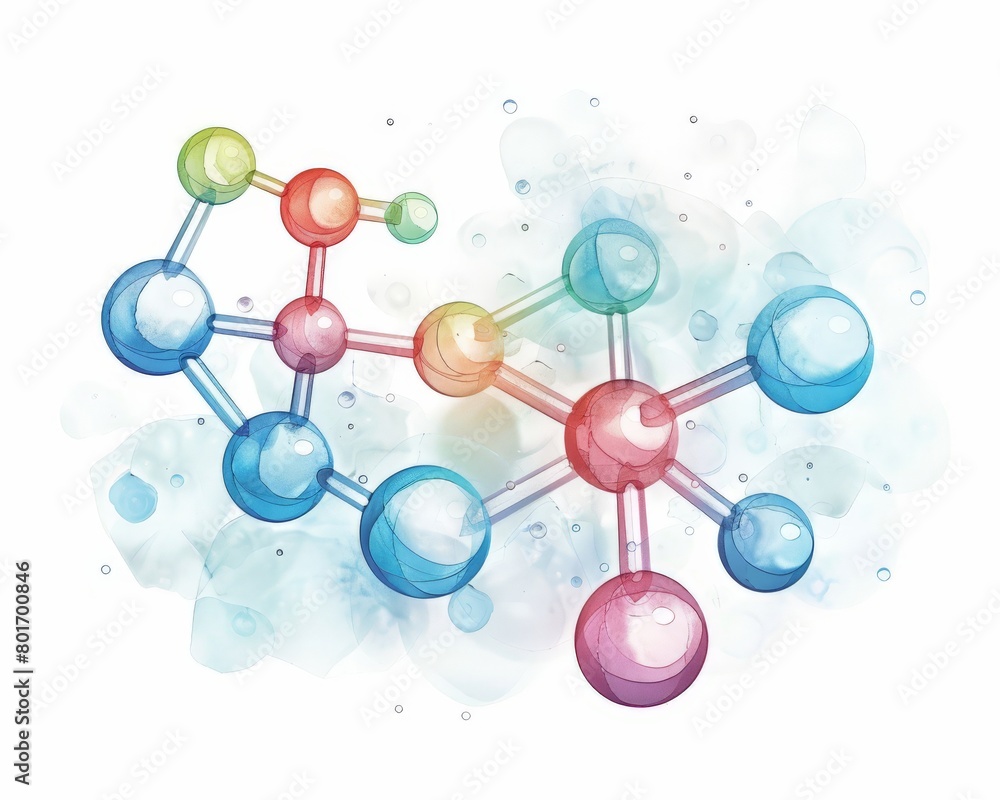 A watercolor painting of a molecule with blue, green, yellow, and red atoms.
