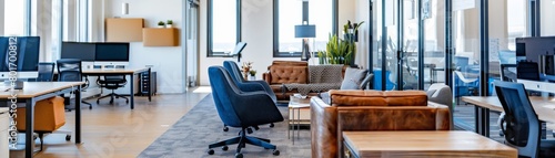 Modern coworking space with minimalist design, ergonomic chairs, large communal tables, and techsavvy environment photo