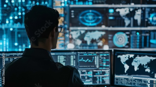 Network engineer monitoring a sophisticated cybersecurity dashboard on a computer screen, tracing hacks and vulnerabilities © kitidach