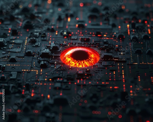 circuit board with glowing red eye photo