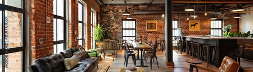 Rusticthemed coworking space with exposed brick walls, wooden beams, and vintage decor creating a warm, inviting atmosphere photo