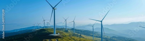 Wind turbines on a scenic hillside, generating renewable energy with each rotation against a clear blue sky