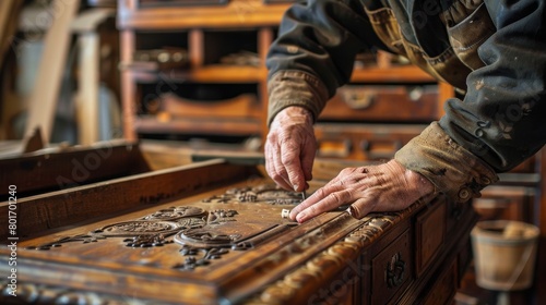 Woodworker restoring an antique cabinet, carefully replacing old parts and preserving its historical integrity photo