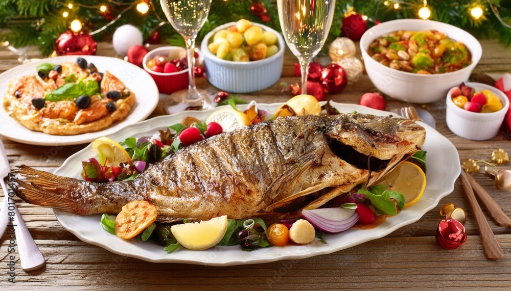 Christmas dinner in italy, festive table with whole grilled fish and various dishes Christmas dinner in italy, festive table with whole grilled fish and various dishes