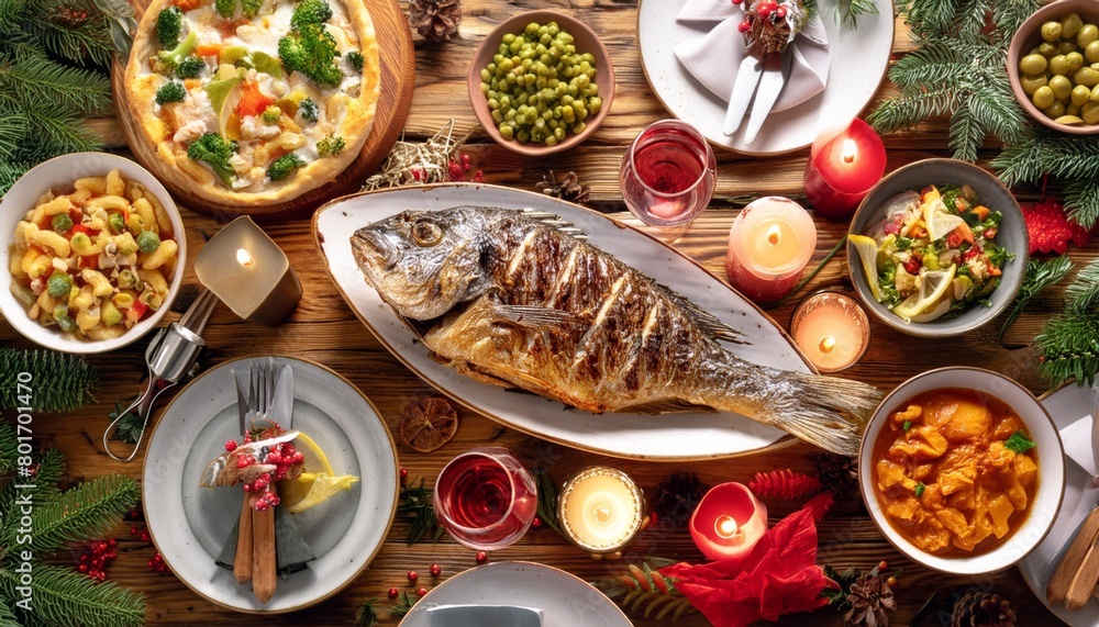 Christmas dinner in italy, festive table with whole grilled fish and various dishes