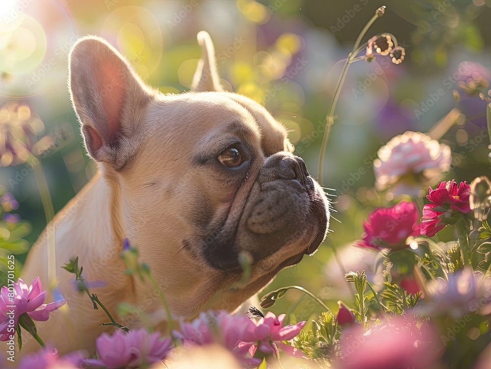  A curious French Bulldog sniffing flowers in a garden, soft focus on the background