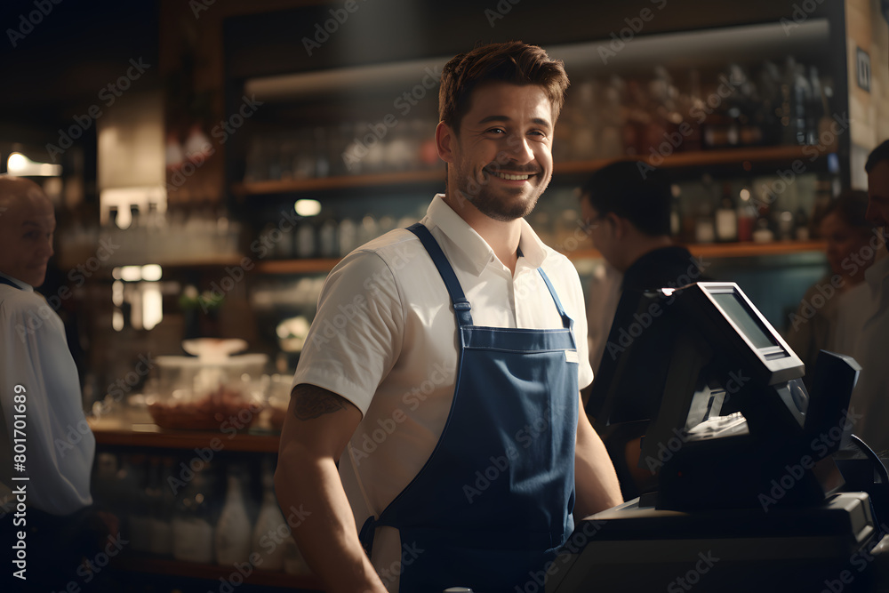 Fototapeta premium A man checkout credit card on a restaurant counter