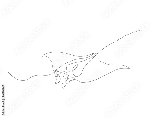 Continuous line drawing of manta ray. One line of stingray. Marine animal concept continuous line art. Editable outline.