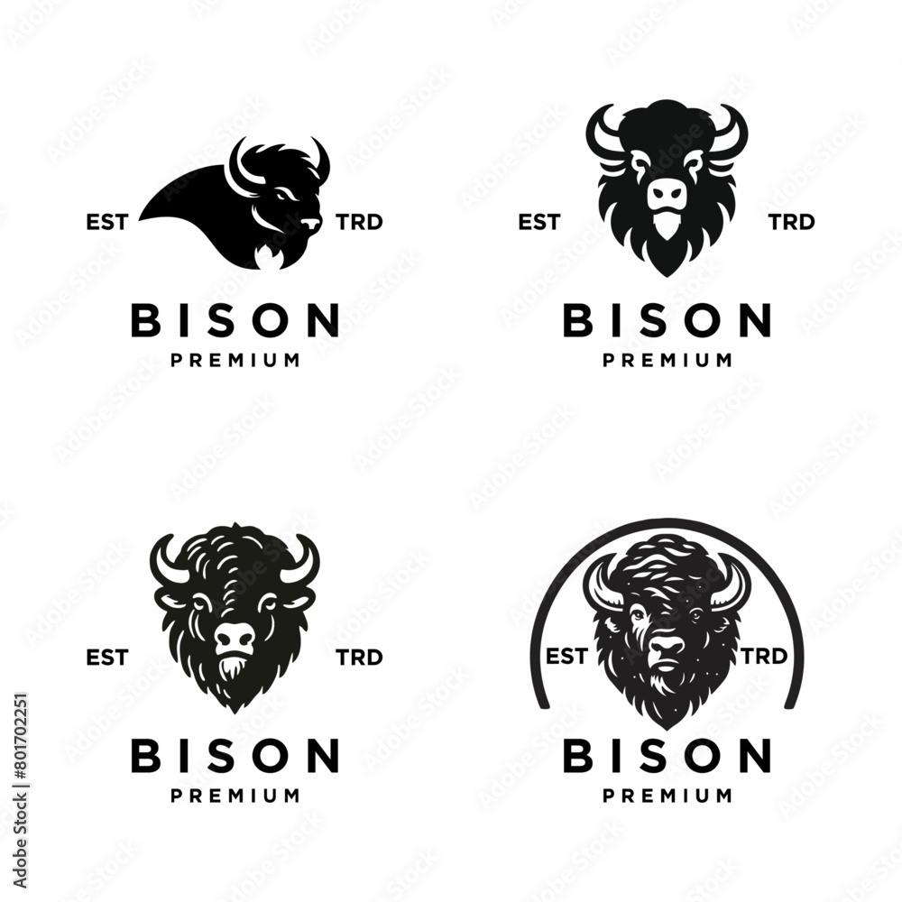 Fototapeta premium Bison silhouettes and icons. black flat color simple elegant white background Bison animal vector and illustration.