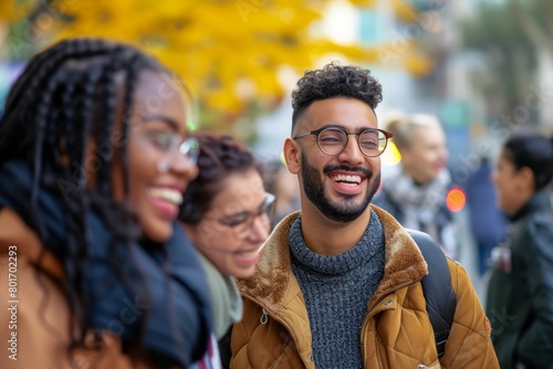 Portrait of happy multiethnic group of friends walking in the city