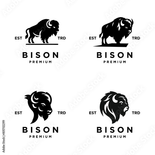 Bison silhouettes and icons. black flat color simple elegant white background Bison animal vector and illustration.