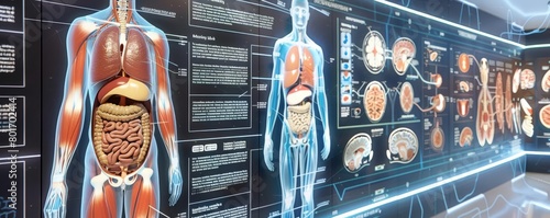 A wall display in a medical school, showing detailed crosssections of the human body, each layer meticulously labeled for study