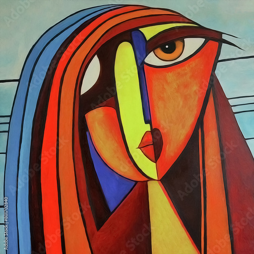 Multicolored cubist portrait of a woman who seems to veil her right eye with a shawl