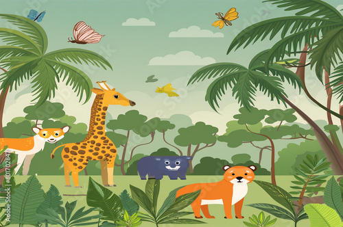 Jungle landscape with wild animals for kids.