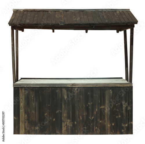 Wooden street market stand stall with awning and wood pillars isolated on white background. Small business concept. Stand for selling handmade 